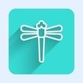 White line Dragonfly icon isolated with long shadow. Green square button. Vector