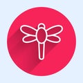 White line Dragonfly icon isolated with long shadow. Red circle button. Vector