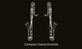 White line drawings of outline Contrabass Clarinet ensemble musical instrument contour