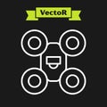 White line Drone flying icon isolated on black background. Quadrocopter with video and photo camera symbol. Vector
