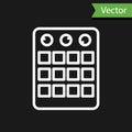 White line Drum machine icon isolated on black background. Musical equipment. Vector