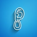 White line Ear with earring icon isolated on blue background. Piercing. Auricle. Organ of hearing. Long shadow. Vector