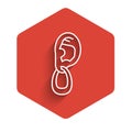 White line Ear with earring icon isolated with long shadow. Piercing. Auricle. Organ of hearing. Red hexagon button