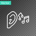 White line Ear listen sound signal icon isolated on transparent background. Ear hearing. Vector