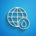 White line Earth planet in water drop icon isolated on blue background. World globe. Saving water and world Royalty Free Stock Photo