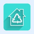 White line Eco House with recycling symbol icon isolated with long shadow. Ecology home with recycle arrows. Green Royalty Free Stock Photo