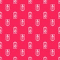 White line Eco nature leaf and battery icon isolated seamless pattern on red background. Energy based on ecology saving Royalty Free Stock Photo