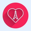 White line Eiffel tower with heart icon isolated with long shadow background. France Paris landmark symbol. Red circle Royalty Free Stock Photo