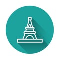 White line Eiffel tower icon isolated with long shadow. France Paris landmark symbol. Green circle button. Vector Royalty Free Stock Photo