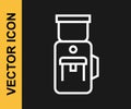 White line Electric coffee grinder icon isolated on black background. Vector