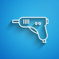 White line Electric hot glue gun icon isolated on blue background. Hot pistol glue. Hot repair work appliance silicone Royalty Free Stock Photo