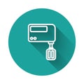 White line Electric mixer icon isolated with long shadow. Kitchen blender. Green circle button. Vector