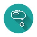 White line Electric mixer icon isolated with long shadow. Kitchen blender. Green circle button. Vector Illustration