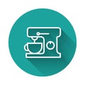 White line Electric mixer icon isolated with long shadow. Kitchen blender. Green circle button. Vector Illustration