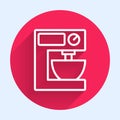 White line Electric mixer icon isolated with long shadow. Kitchen blender. Red circle button. Vector