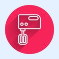 White line Electric mixer icon isolated with long shadow. Kitchen blender. Red circle button. Vector