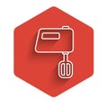 White line Electric mixer icon isolated with long shadow. Kitchen blender. Red hexagon button. Vector