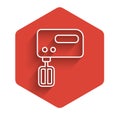 White line Electric mixer icon isolated with long shadow. Kitchen blender. Red hexagon button. Vector