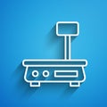 White line Electronic scales icon isolated on blue background. Weight for food. Weighing process in store or supermarket Royalty Free Stock Photo