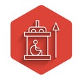 White line Elevator for disabled icon isolated with long shadow. Red hexagon button. Vector