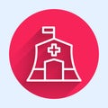 White line Emergency medical tent icon isolated with long shadow. Provide disaster relief. Red circle button. Vector