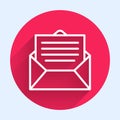 White line Envelope icon isolated with long shadow. Email message letter symbol. Red circle button. Vector Illustration