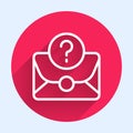 White line Envelope with question mark icon isolated with long shadow. Letter with question mark symbol. Send in request Royalty Free Stock Photo