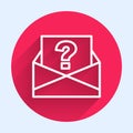 White line Envelope with question mark icon isolated with long shadow. Letter with question mark symbol. Send in request Royalty Free Stock Photo