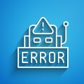 White line Error in the operation program of the robot icon isolated on blue background. A broken chip of a robot. Long