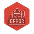 White line Error in the operation program of the robot icon isolated with long shadow. A broken chip of a robot. Red
