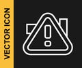 White line Exclamation mark in triangle icon isolated on black background. Hazard warning sign, careful, attention Royalty Free Stock Photo