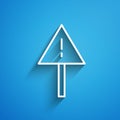 White line Exclamation mark in triangle icon isolated on blue background. Hazard warning sign, careful, attention Royalty Free Stock Photo