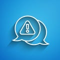 White line Exclamation mark in triangle icon isolated on blue background. Hazard warning sign, careful, attention Royalty Free Stock Photo
