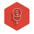 White line Feminism finance icon isolated with long shadow background. Fight for freedom, independence, equality. Red