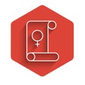 White line Feminism icon isolated with long shadow background. Fight for freedom, independence, equality. Red hexagon