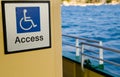 White line figure of a person seated over the axis of a wheel, blue background for wheelchair people Accessibility point.