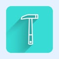White line Firefighter axe icon isolated with long shadow background. Fire axe. Green square button. Vector