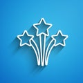 White line Firework icon isolated on blue background. Concept of fun party. Explosive pyrotechnic symbol. Long shadow Royalty Free Stock Photo