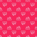 White line Fishing boat on water icon isolated seamless pattern on red background. Vector Royalty Free Stock Photo