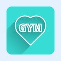White line Fitness gym heart icon isolated with long shadow. I love fitness. Green square button. Vector Royalty Free Stock Photo