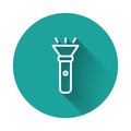 White line Flashlight icon isolated with long shadow. Green circle button. Vector Royalty Free Stock Photo