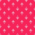 White line Fleur De Lys icon isolated seamless pattern on red background. Vector Royalty Free Stock Photo