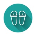 White line Flip flops icon isolated with long shadow background. Beach slippers sign. Green circle button. Vector Royalty Free Stock Photo