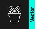 White line Flower in pot icon isolated on black background. Plant growing in a pot. Potted plant sign. Vector Royalty Free Stock Photo
