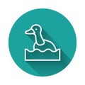 White line Flying duck icon isolated with long shadow. Green circle button. Vector