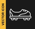 White line Football shoes icon isolated on black background. Soccer boots. Sport football foot protection. Vector Royalty Free Stock Photo