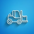 White line Forklift truck icon isolated on blue background. Fork loader and cardboard box. Cargo delivery, shipping Royalty Free Stock Photo