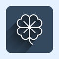 White line Four leaf clover icon isolated with long shadow background. Happy Saint Patrick day. Blue square button