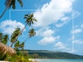 White line frame on seascape background. Summer background with tropical coconut palm tree, island, sea and sandy beach. Royalty Free Stock Photo