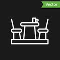 White line French cafe icon isolated on black background. Street cafe. Table and chairs. Vector Royalty Free Stock Photo